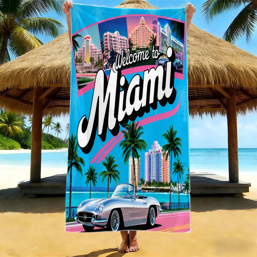 Vintage Miami Beach Towel Retro Tropical Vacation Pool Mat Seaside Resort Fun Summer Gift Large Bathing Towel 80x160cm Print