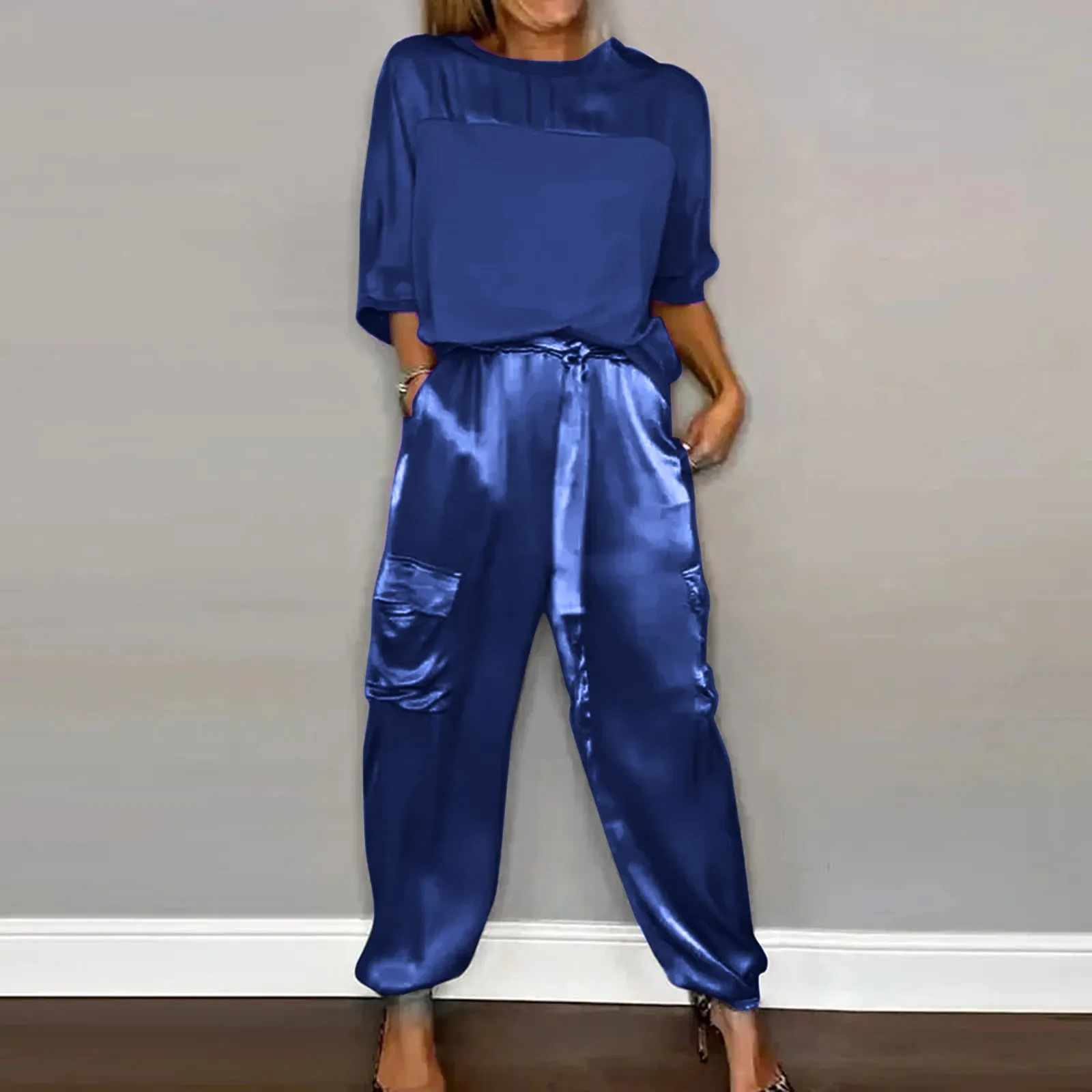 Summer Fashion Solid Satin Two Piece Set Women Round Neck Long Sleeved Top Long Pants Casual Loose Soft Female Top Trousers