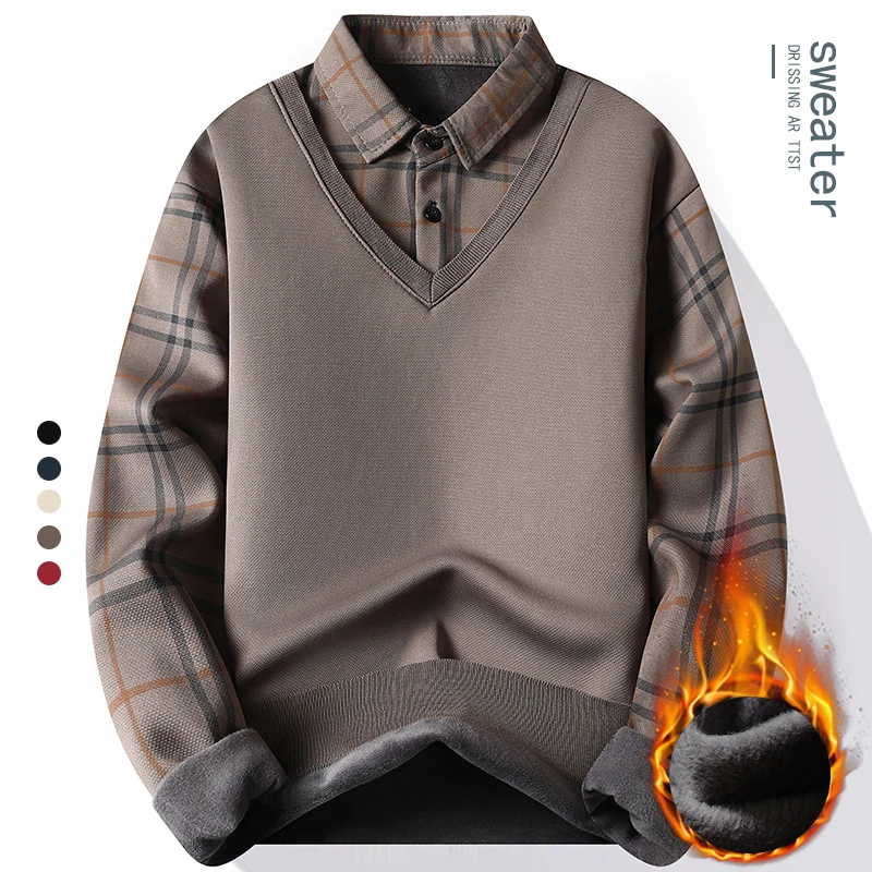 New Mens Fleece Polo Collar Sweater Fake 2 Pieces Patchwork Velvet Pullovers Slim Fit Tops Elegant Knitted Sweaters