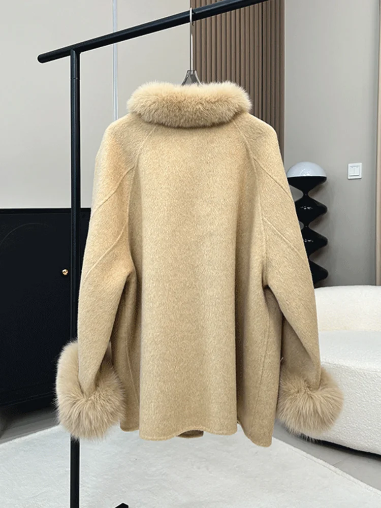 2025 novo outono inverno feminino real gola de pele de raposa manguito casaco de lã capa cashmere jaqueta quente luxo grosso casacos femininos