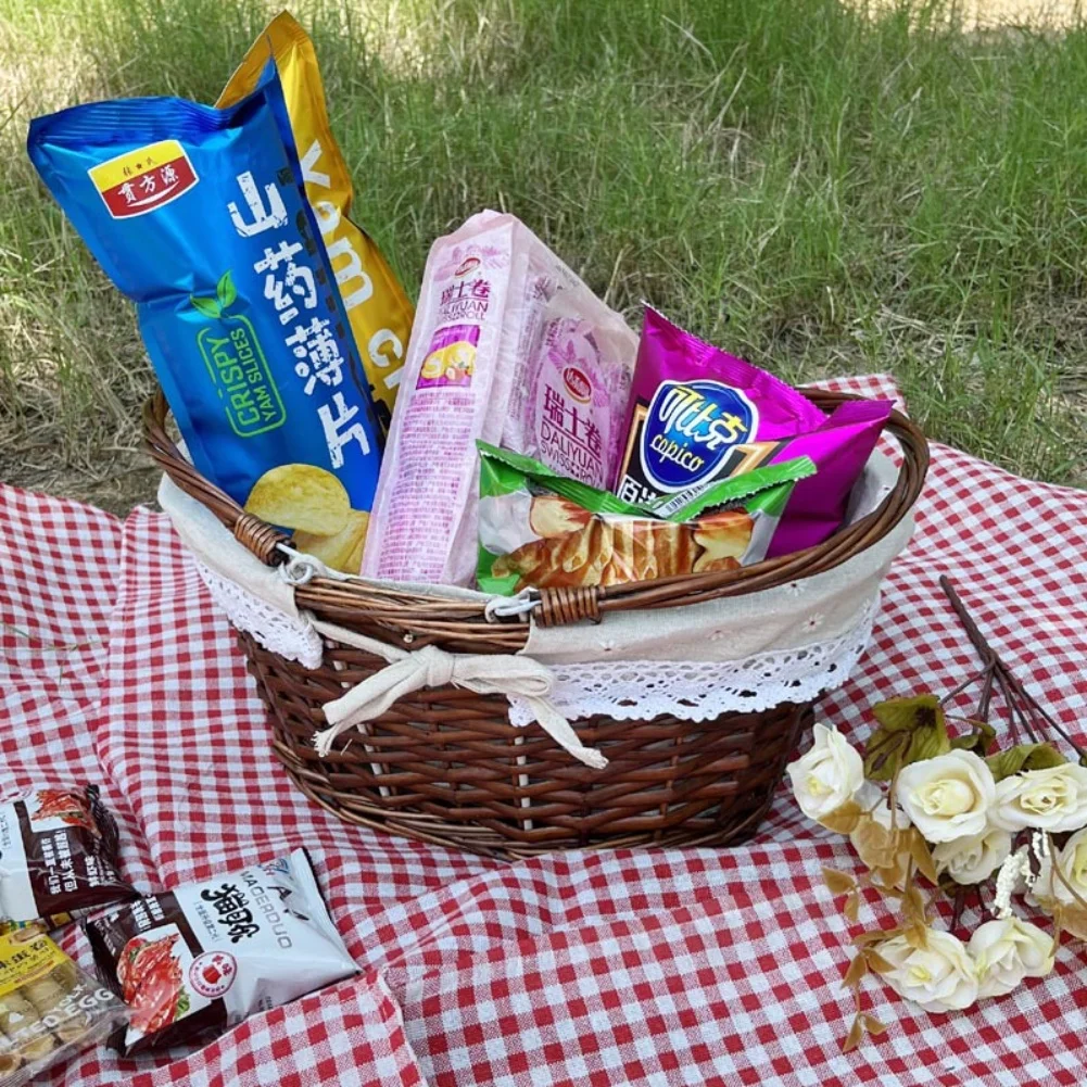 Hand Woven Willow Storage Basket With Handle And Linen Lining For Home Kitchen Picnic Fruit Bread Organizer