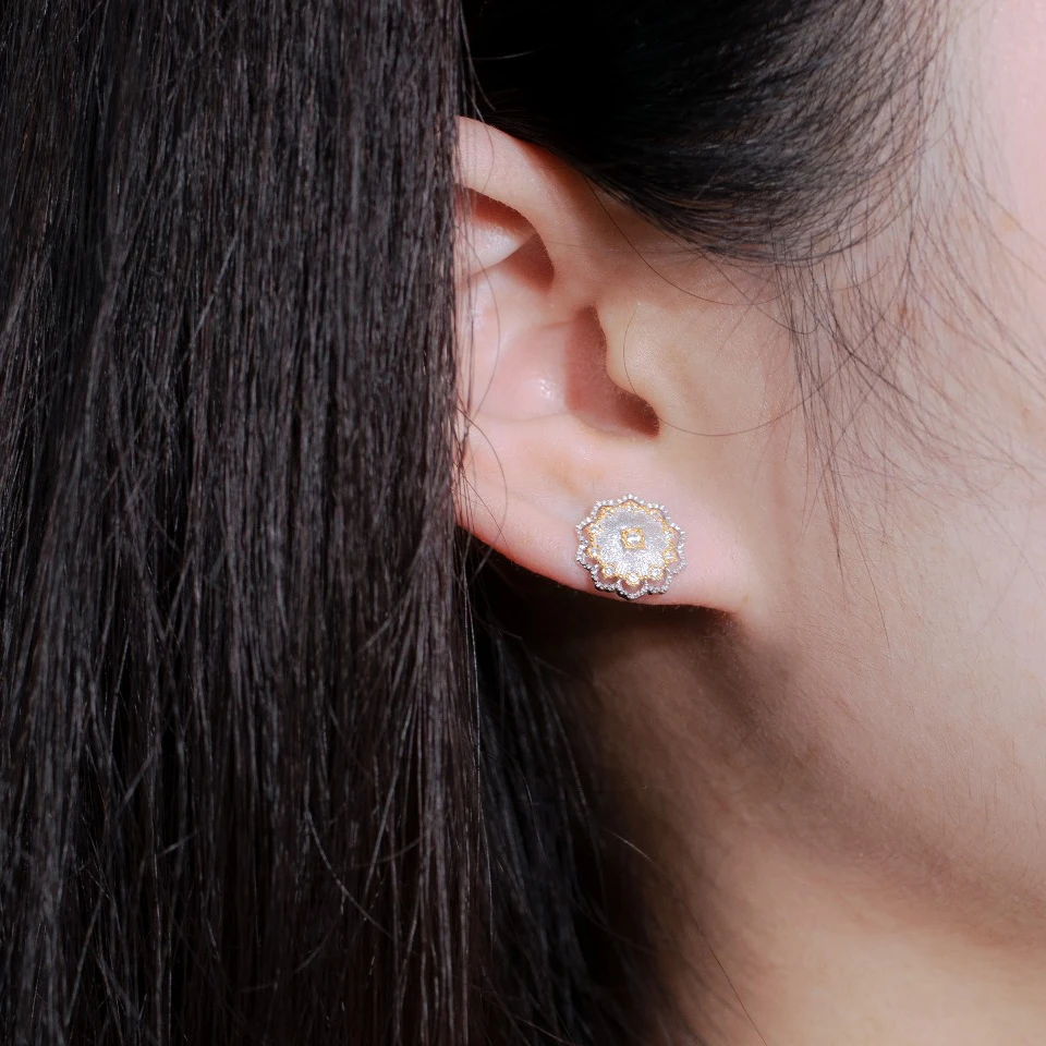 CMajor Gold Plated Sterling Silver Brushed Finish Vintage Elegant High Quality 5A CZ Flower Stud Earrings For Women
