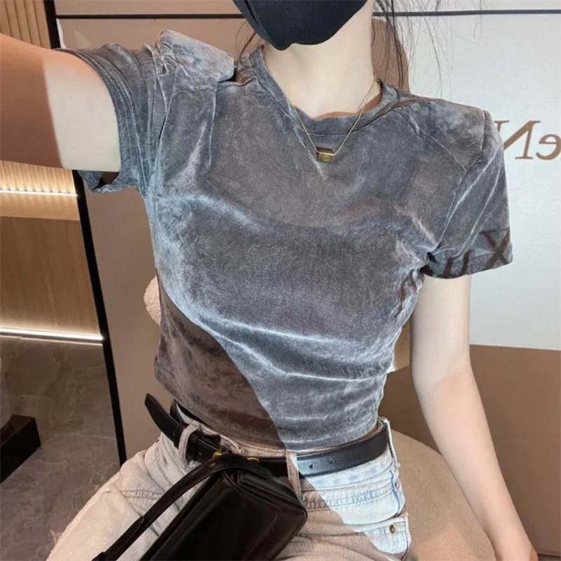 

Летняя мода Slim Fit Короткий бархатный топ с подплечниками Футболка с коротким рукавом