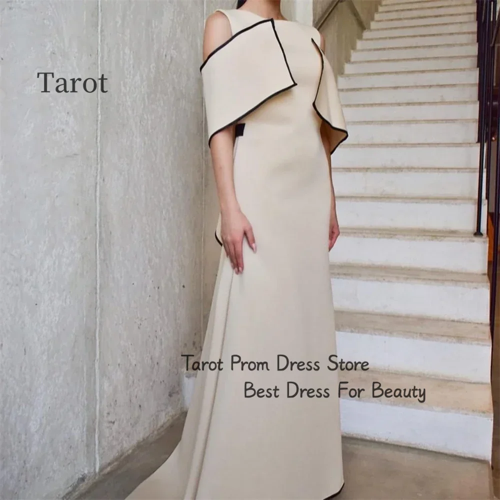 Tarot A Line Saudi New Prom Dresses Boat Neck Sleeveless Simple Women Wear Dress Sweeping Train Floor Length فساتين حفلة موسيقية