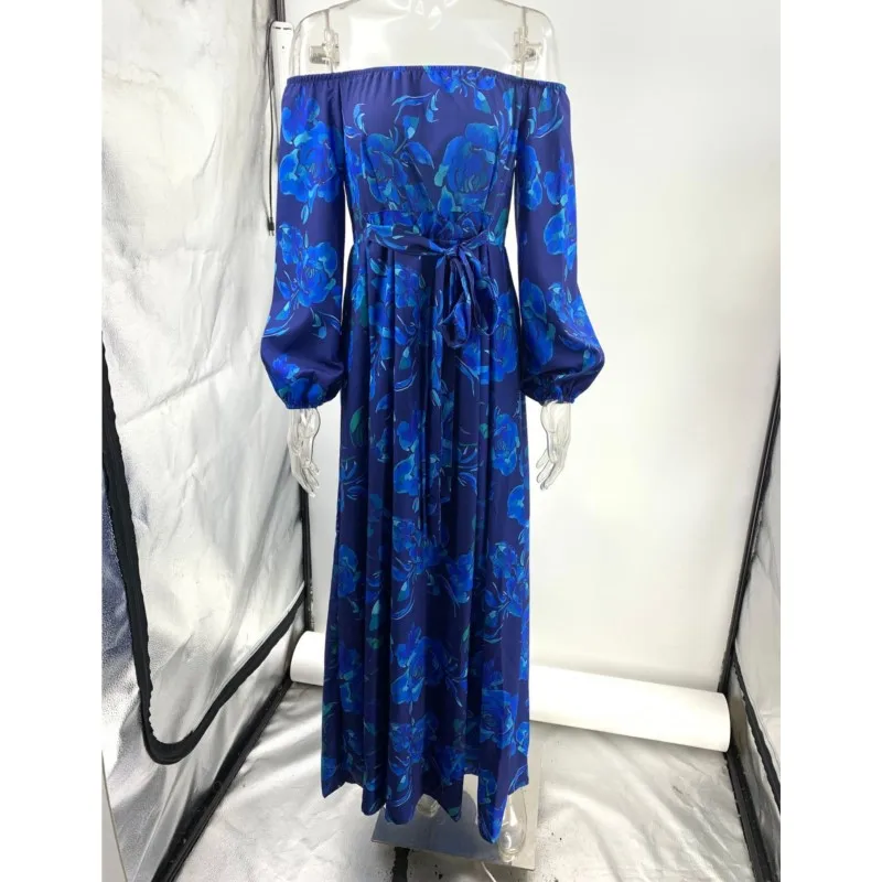 2025년 가을 신상 오프숄더 밴딩 롱 원피스, 여름 보헤미안 휴가 블루 플로럴 프린트 섹시 파티 드레스 여성용