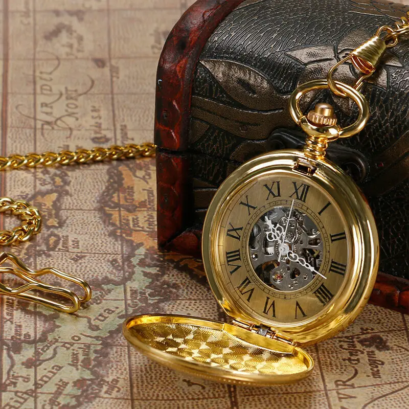 New Arrival Vintage Style Gold Shield Roman Numerals Automatic Movement Mechanical Pocket Watch w/Chain Best Gift