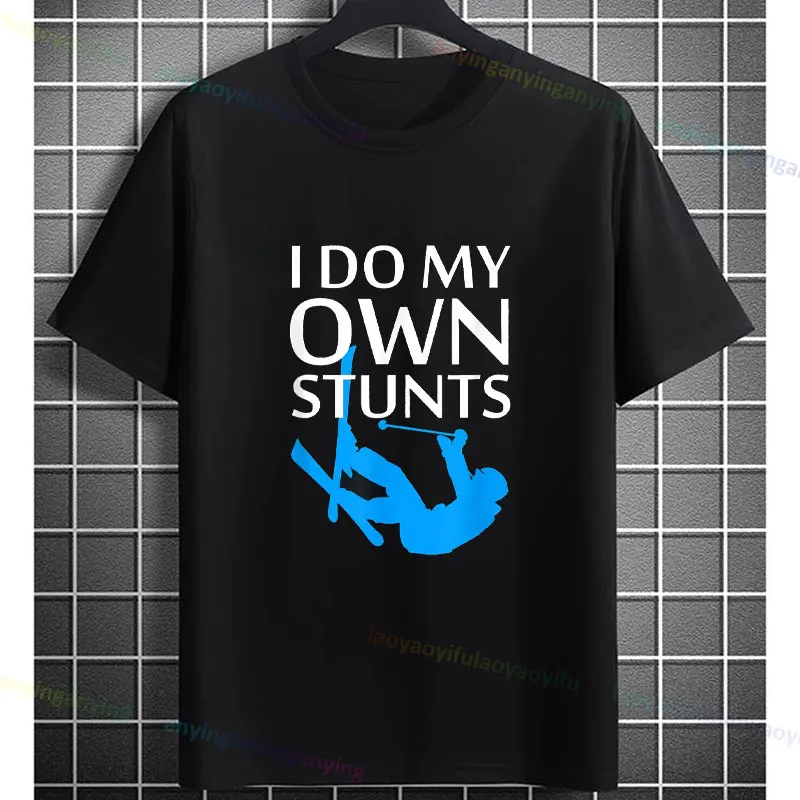 Men's Funny I Do My Own Stunts Skiing Graphic T-shirt Casual Short-sleev Round Neck Pure Cotton Tee Humor Style Outdoor Clothing