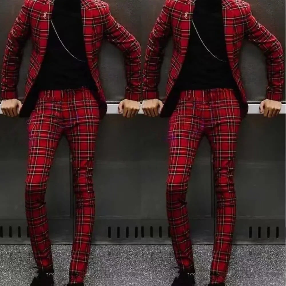 Slim Fit Male Clothing Elegant Men Suits Single Breasted Notch Lapel Red Plaid Prom Party 2 Piece Jacket Pants Male Clothing Set