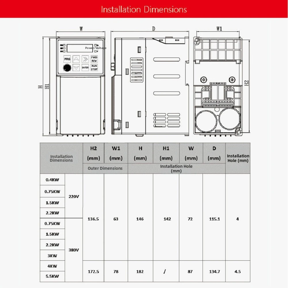 MS350 2.2kW VFD 380V 3-Phase Input Output Drive with 136.5x63mm Mounting Hole Spacing and Robust Build Quality