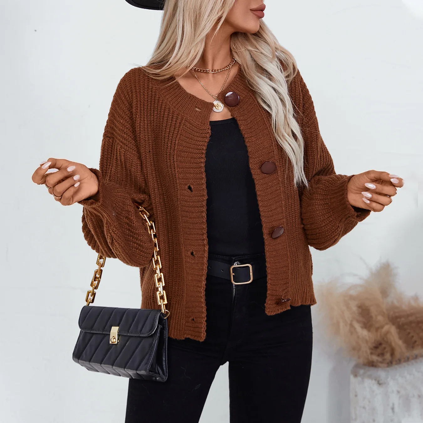 

Women's Solid Color Single-breasted Knitted Cardigan Long-sleeved Sweater Jacket Autumn Winter European American Style Loose Fit