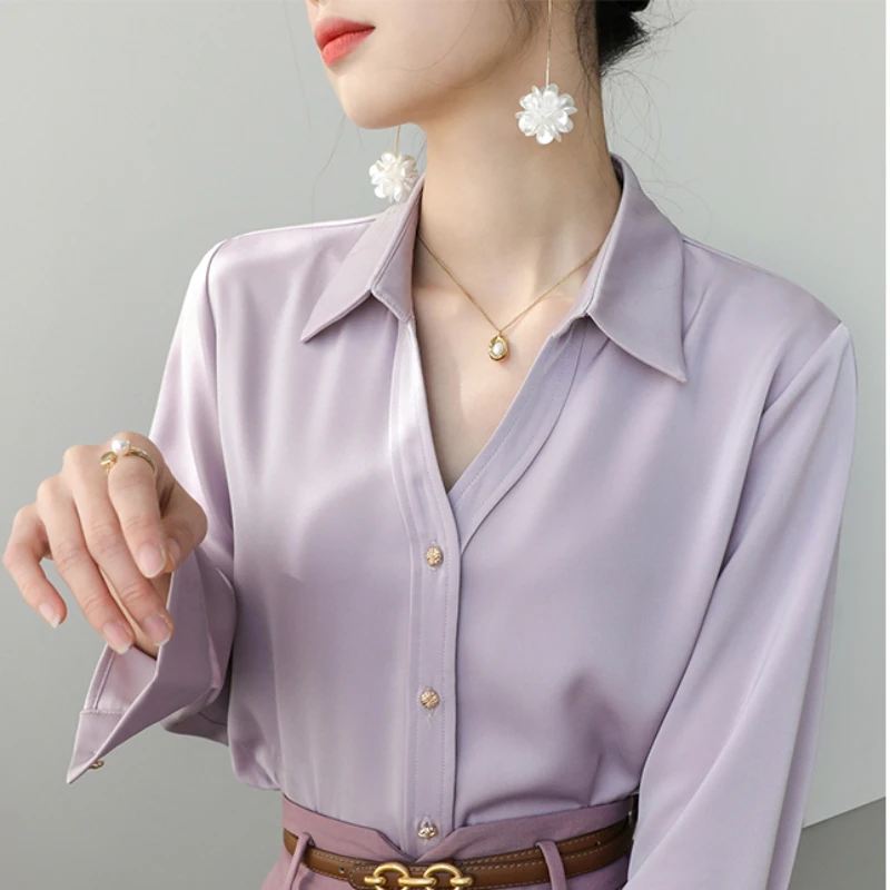 

Satin Women Shirt V-neck Long Sleeve Blouse 2023 Autumn Korean Fashion Women Clothing OL Shirts and Blouses Purple Womens Tops