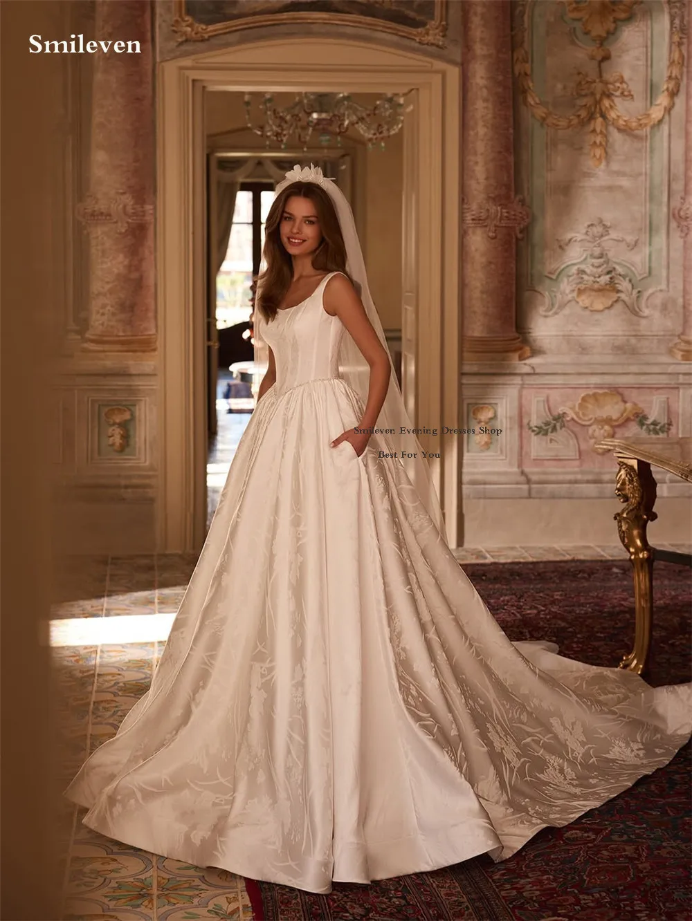 Smileven Jacquard Satin Wedding Dress A Line U Neck Strap Bride Dresses 2026 Vestido de novia  Wedding Gowns Customized