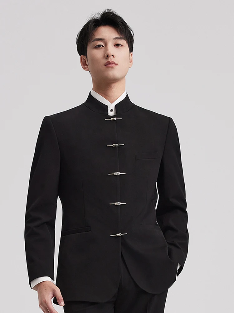 

New Chinese Sle Wedding Suit for Young Men Button Stand Collar Tang Costume Casual Western Coat Stand Fit Long Sve