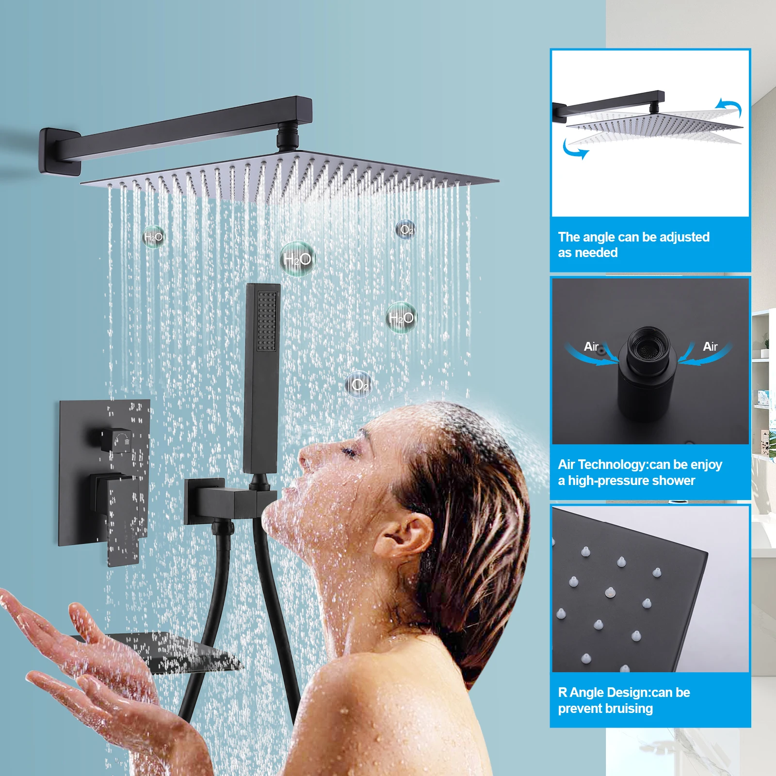 Shower System with Tub Spout Tub and Shower Faucet Combo for Bathroom, Wall Mounted Rain Shower Head with Handheld Spray, Black