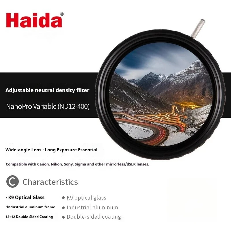 Haida NanoPro Adjustable Variable ND Filter 4-11 Stops ND16-ND2000 Variable ND Filter with Ultra-Wide Angle Design