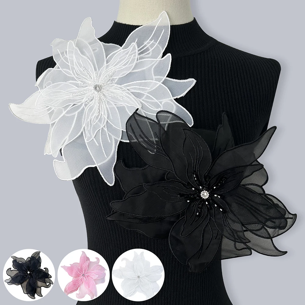 Parche de flores grandes de Organza de múltiples capas para mujer, apliques de cuentas de diamantes de imitación, decoración de ropa de vestido de novia, accesorios de moda