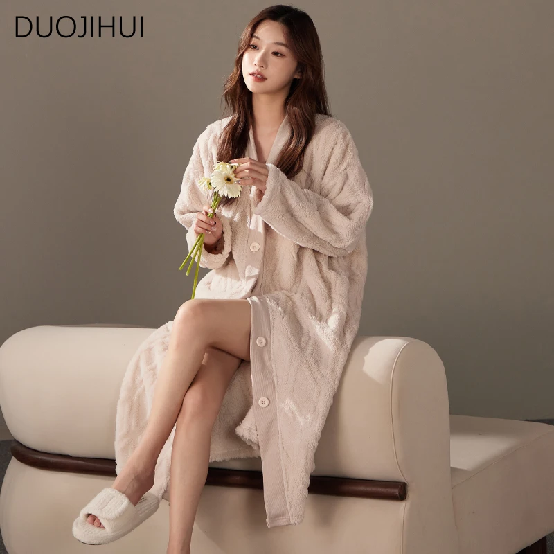 DUOJIHUI New Classic V-neck Chic Flannel Warm Female Sleepwear Basic Solid Color Fashion Simple Single Breasted Robes for Women