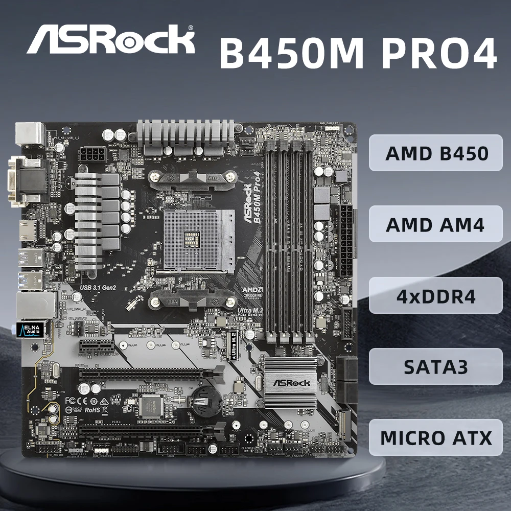 

ASROCK B450M Pro4 системная плата AMD Promontory B450 AMD AM4 Socket поддерживает R9 5950X , R7 5800X3D ,CPU 4 x DDR4 128GB Micro ATX