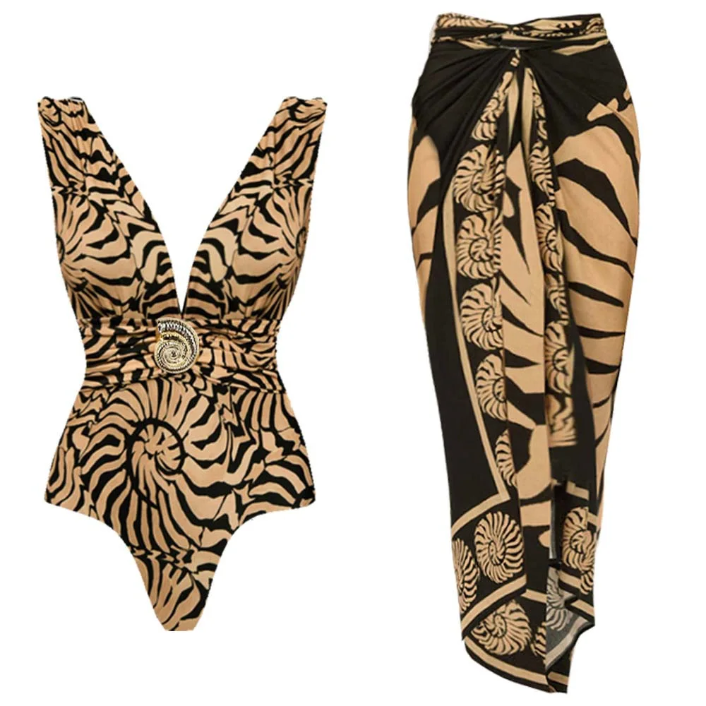 

Цельный купальник для женщин в европейском и американском стиле, с глубоким V-образным вырезом, декоративным принтом в виде ракушек.