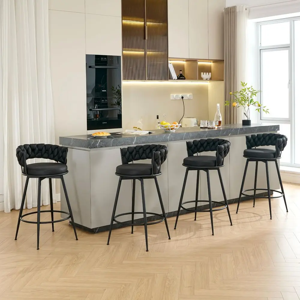 

Swivel Bar Stools Set of 4, 28 inch Counter Height Bar Stools Modern Barstools with Woven Back and Suede Fabric, Metal Frame am