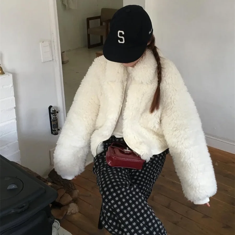 

Women's Chic Thiened Lamb Fur Collar Jaet Cotton Blend Slimming Versatile ort Coat Korean Sle Long Sve Commute Wear