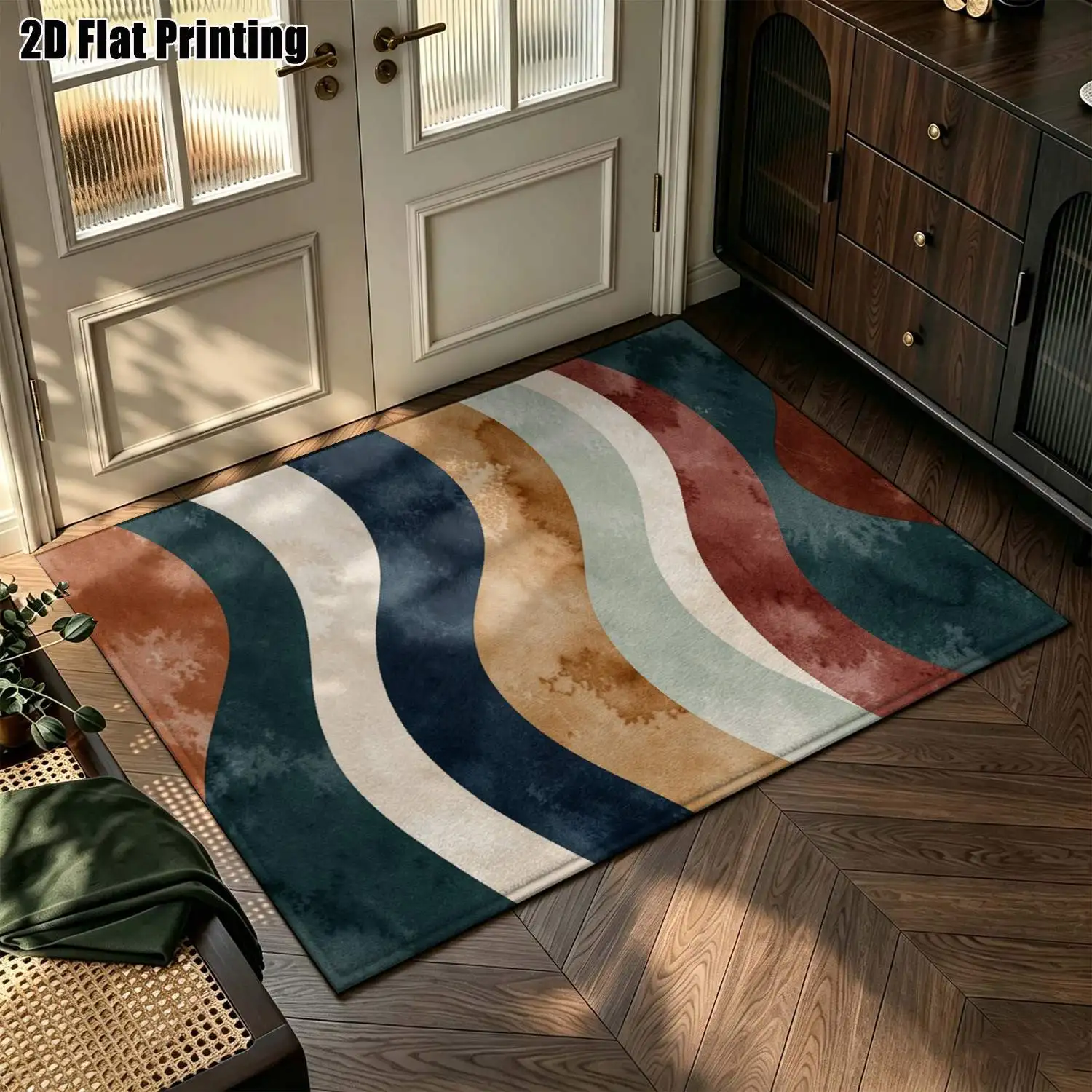 1Pc 2D Printed Retro Blue Brown Geometric Wave Nordic Carpet, Instagram-Style Floor Mat, Modern Minimalist Vintage Geometric Striped Home Decor Rug, Multiple Sizes, Machine Washable, for Entrance, Dining Room, Foyer, Living Room, Bedroom