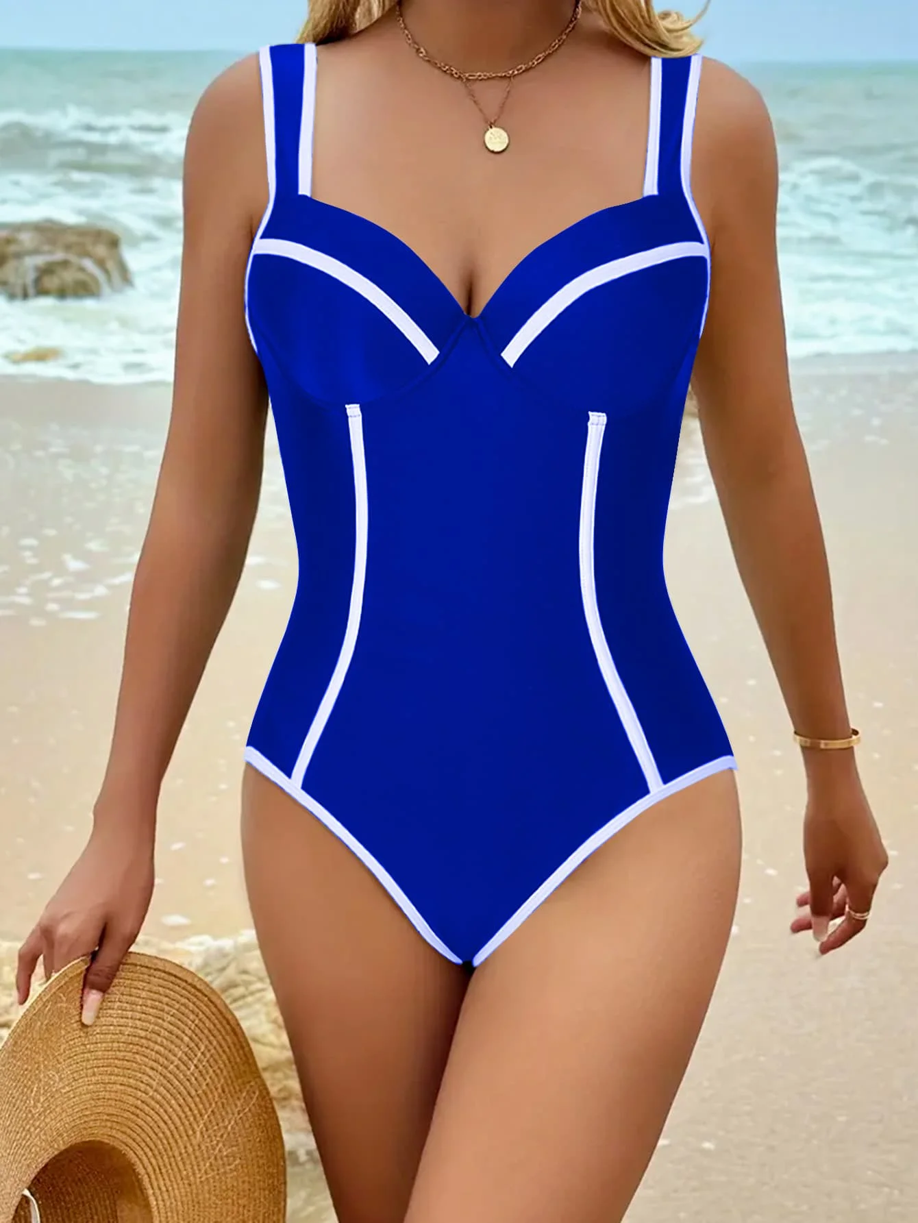 2025 새로운 원피스 하이 웨이스트 여성 수영복 섹시한 솔리드 컬러 블랙 화이트 스플 라이스 수영복 비치 수영복 수영복