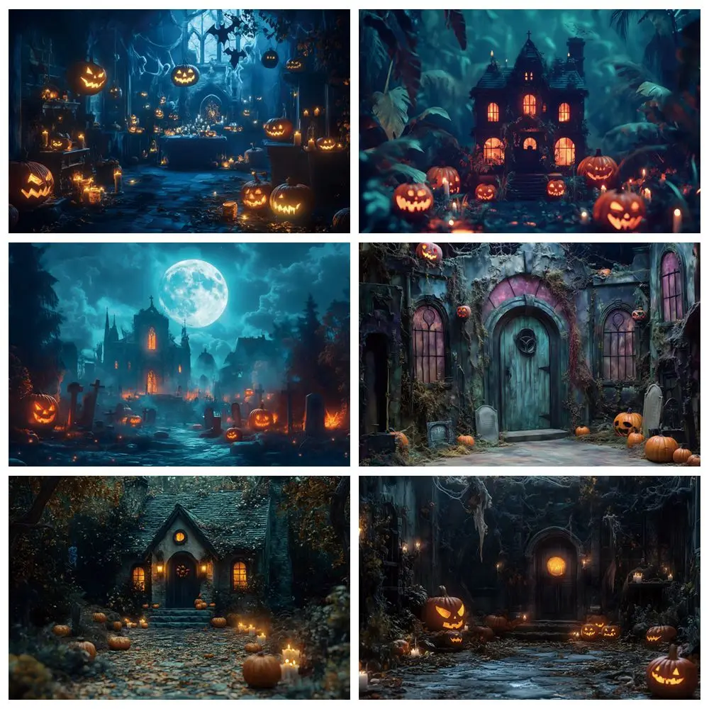 

Halloween Photography Background Horror Night Pumpkin Lanterns Vintage House Grave Hallow Baby Kids Art Portrait Photo Backdrop
