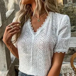 New Fashion Hollow Out Cotton Women's Shirts 2024 Summer Short Sleeve Woman Tops V Neck White Women Blouse Casual Clothes  21385