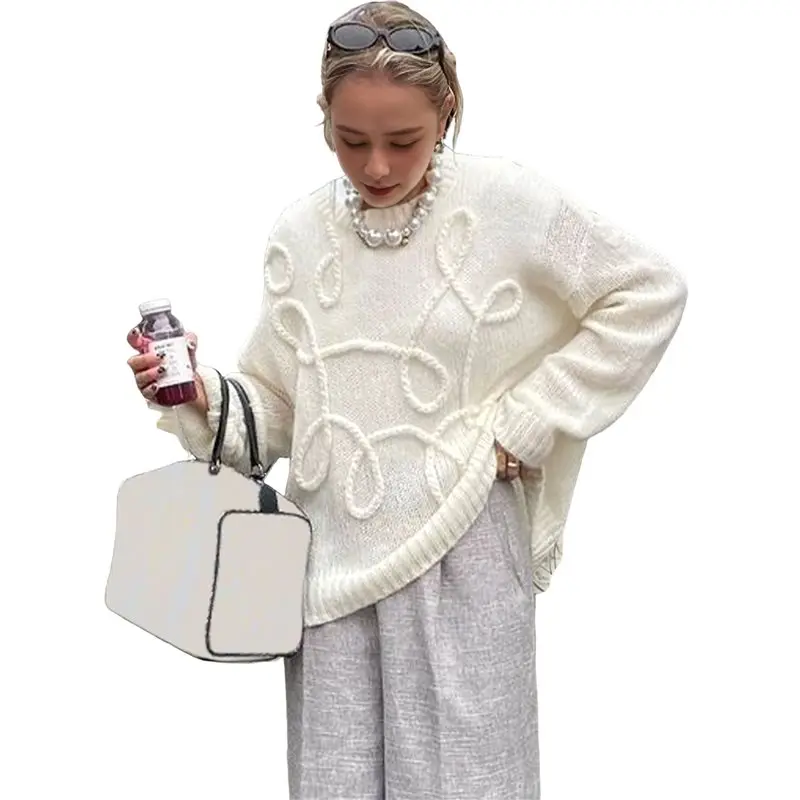 CYL-Fall Long Sleeve Pullover For Women Crewneck Casual Cute Line Decoration Chunky Knit Oversized Sweater
