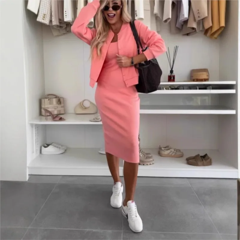 Sexy Slim Fit Vest Dress & Cardigan Coat Sets Women Casual Long Sleeve 2 Piece Suit Fashion Single-breasted Tops Women's Outfits