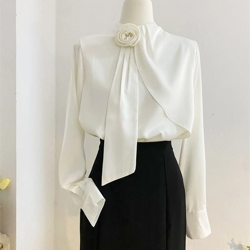 2024 New Autumn Korean Commuter White Shirt Women's Design Sense, Temperament, Bow Knot, Sweet Wearing