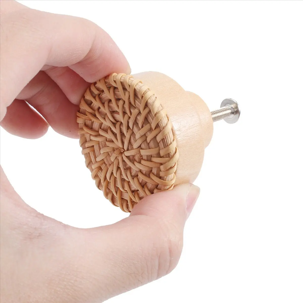 ABNQ Boho Rattan Dresser Knobs Round Wooden Drawer Knobs Handmade Wicker Woven and Screws for Boho Furniture Knobs 6Pcs