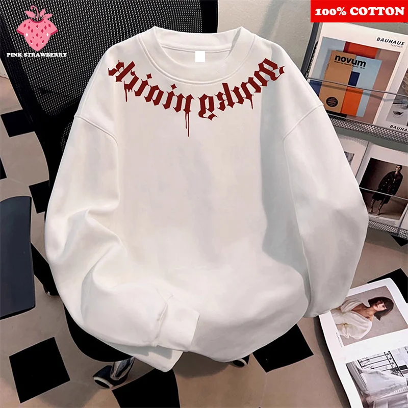 

American Street Letter Print T-shirt Men 2025 Autumn New 100% Cotton White O-Neck Loose Casual T-shirt Y2k Tops Male clothing