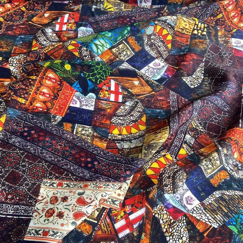 114CM Wide 16mm Traditional Printed Muti-color Silk Crepe de Chine Fabric for DIY Sewing Summer Soft Pants Dress Pajamas C001-83