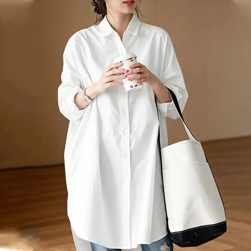 Women White Black Khaki Long Blouse Spring Summer Tunic Tops Casual Designer Midi Style Shirts Single Breasted Poyester Clothes
