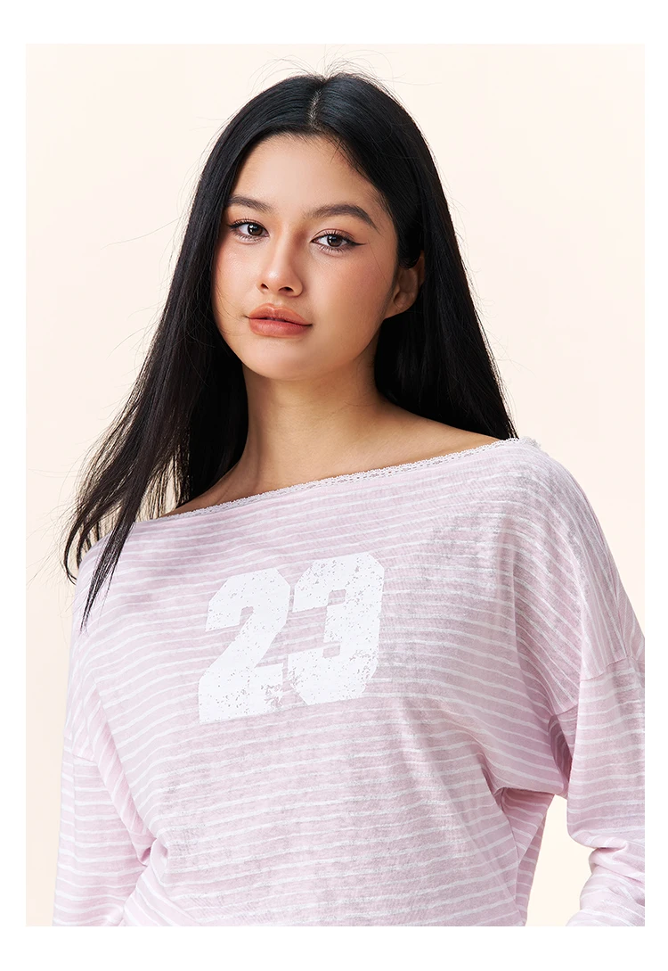 YESCCI Print Long Sleeve T Shirts Woman 2026 Autumn New Off Shoulder Lace Trim Women Top Loose Fit Casual Striped Tee S563210 86 Sb006dd76682d43609a950119ded2a36aW