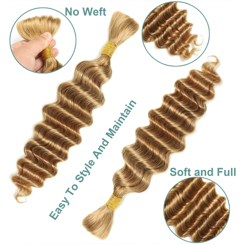 Extensiones de cabello humano virgen brasileño, cabello humano ondulado profundo a granel para trenzar sin trama, trenzas bohemias, 27 #