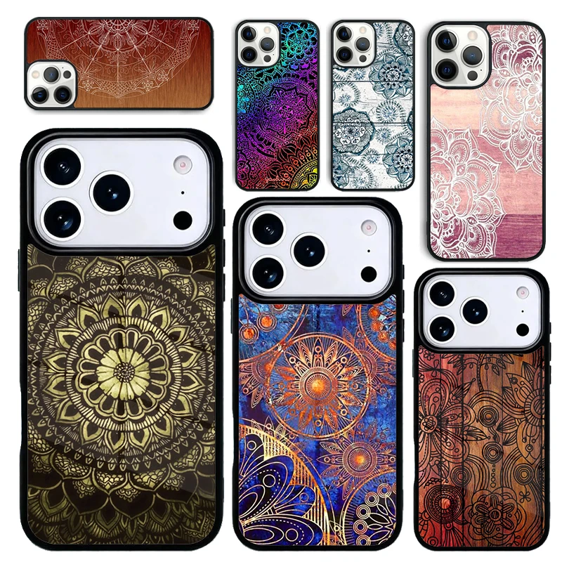 Capa para iPhone 17 Air 16 Pro Max 15 Plus 11 13 Mini 14 12 Capa Traseira Mandala Floral de Madeira