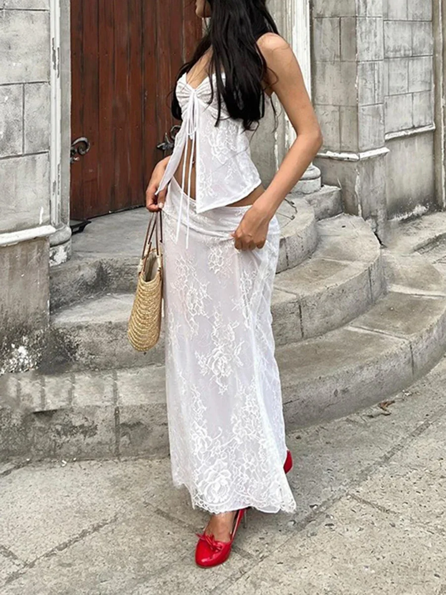 Summer Sexy Outfits Women Two Piece Maxi Skirt Set Y2k Lace Up Sleeveless Backless Cami Top High Waist Bodycon Long Skirt