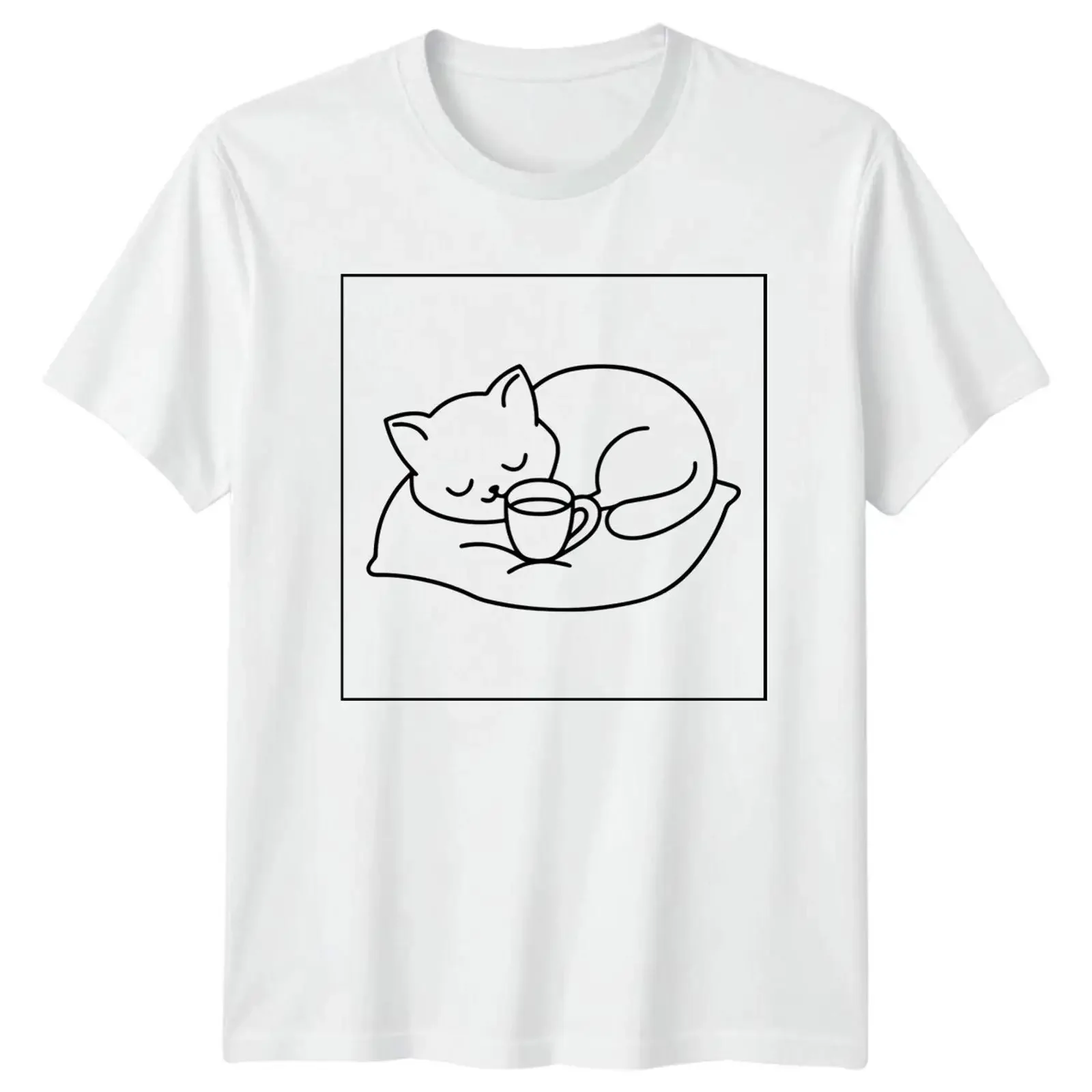 Katze Nickerchen Kaffeetasse Kätzchen Haustier Herren T Shirt Damen Grafik Oberteil vintage Washed Stylish Stretched Casual