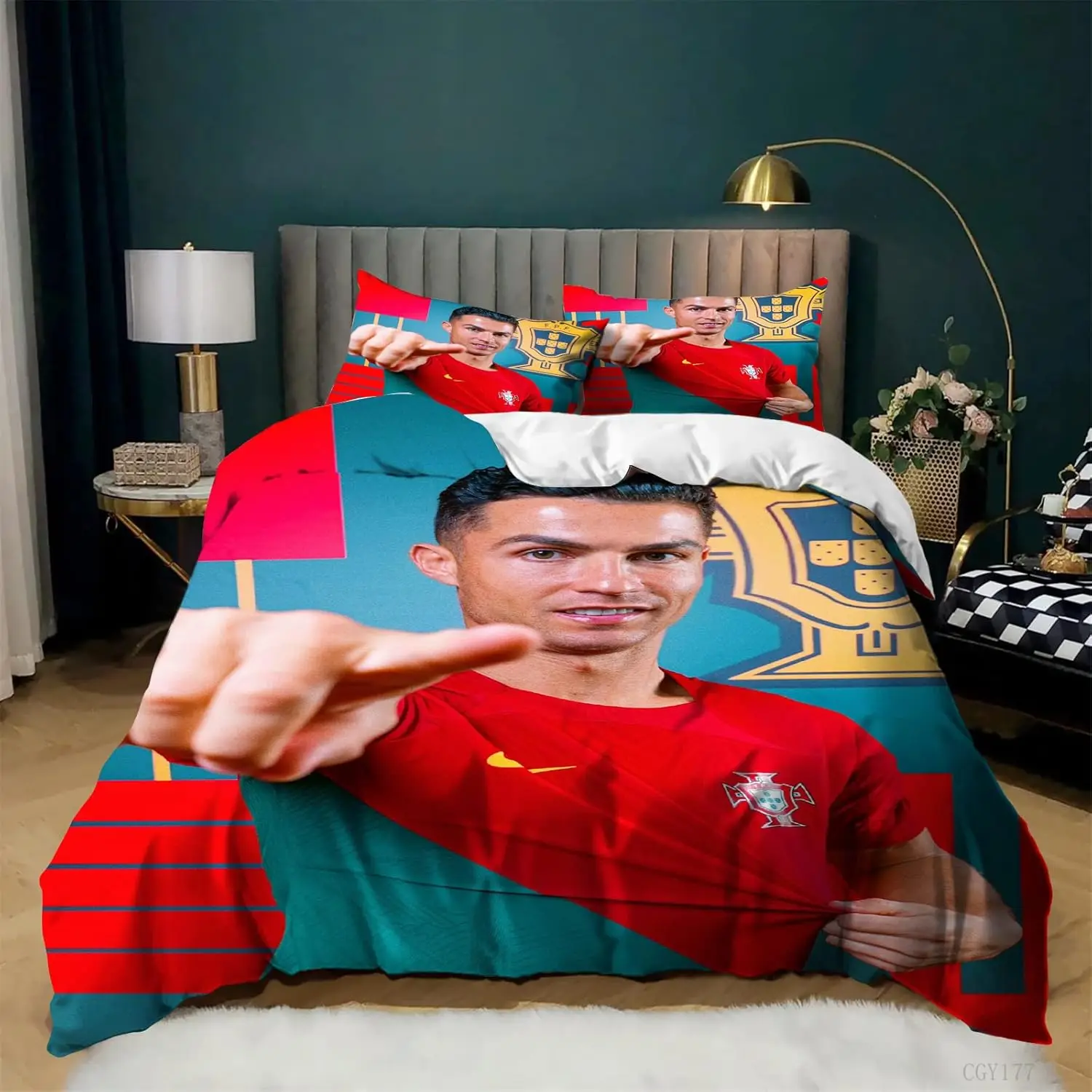 3 Piece Duvet Cover Ronaldo CR7 Football Printed Bedding Set, Lightweight Quilt Cover with Zipper Comforter Set Children Gift