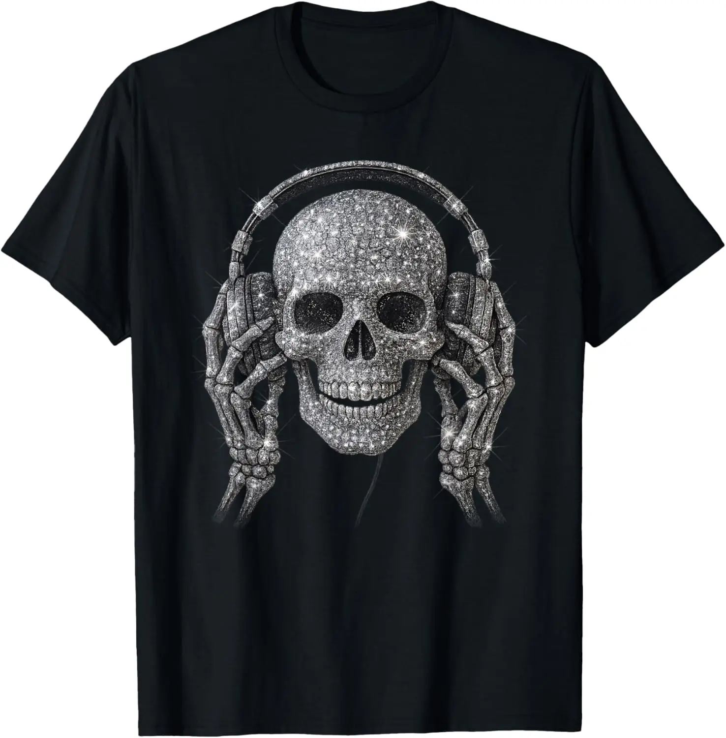 Bling Diamond Skull with Headphones Graphic Tee Punk Rock DJ Music T-Shirt for Men
