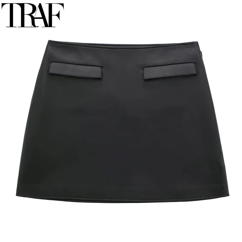 TRAF Skirts For Women Pocket Faux Leather Skirt High Waist Black Mini Skirt Woman Spring 2025 A-Line Elegant Women's Skirts