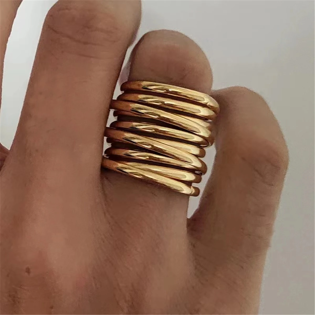 Creative Retro 18K Gold Stainless Steel Multi-layer Ring for Women Fashion Party Punk Jewelry Gift