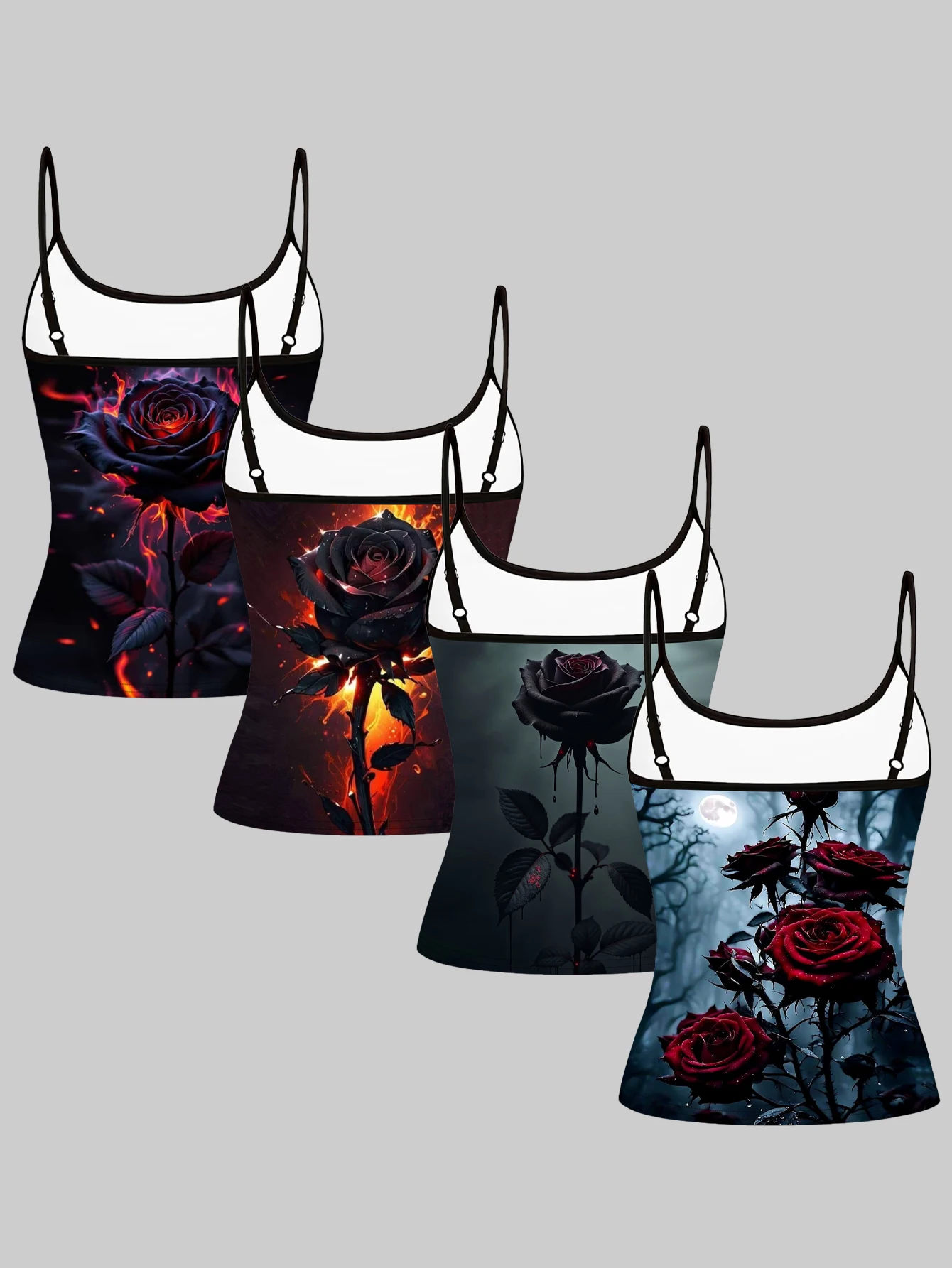 Women's 4-Piece Printed Camisole Set with Flame Black Rose, Bleeding Thorn, Moonlit Forest, and Red Rose Patterns, Slim-Fit, Flattering, Outerwear, Sleeveless Tops