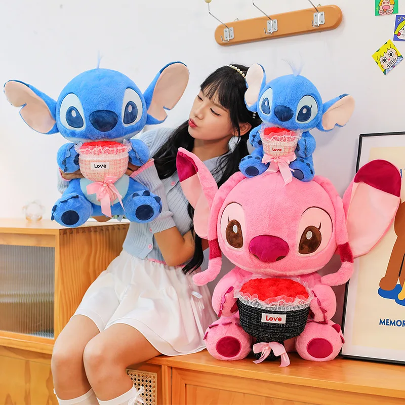 

Disney 30/60cm Rose Bundle Stitch Doll Angel Interstellar kawaii Plush Toy Large Cartoon Doll Valentine's Day Gift