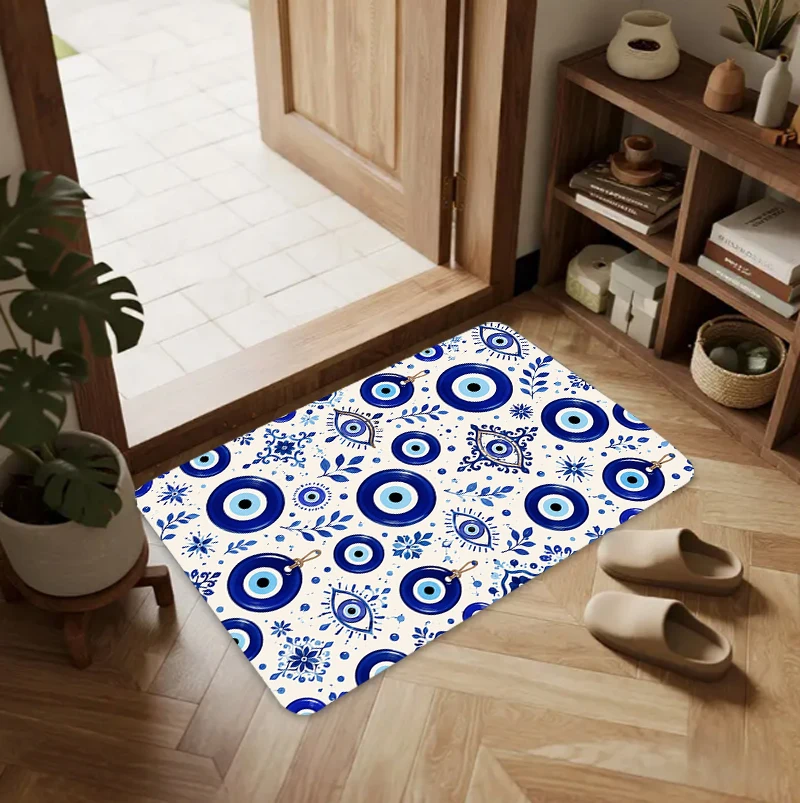 Boho Evil Eye Floor Rug Blue‑White Nazar Charm Floral Botanical Ornament Spiritual Bohemian Decor Area Rug for Home Ornament