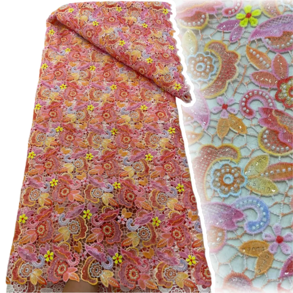 Tela de Encaje de Guipur Africano de Alta Calidad, Bordado de Algodón Soluble en Agua, 5 Yardas para Vestidos de Fiesta, Costura 3367