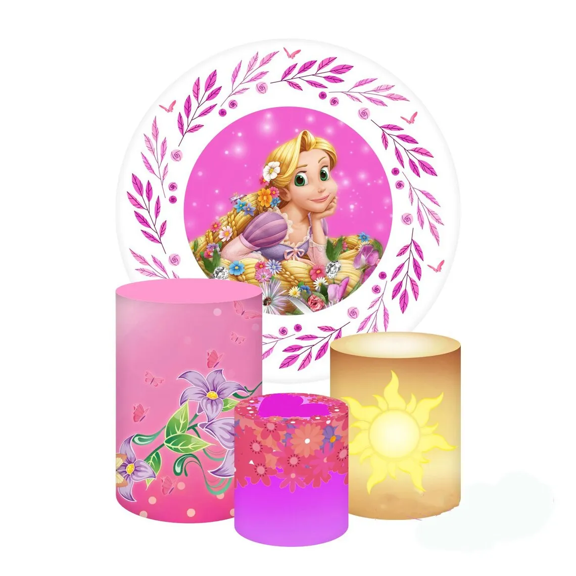 Blond Rapunzel Princess Round Circle Backdrop for Girls Happy Birthday Decoration Candy Table Banner Cylinder Covers